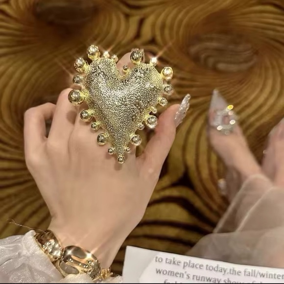 Bold Gold Heart Statement Ring | Adjustable Fit | Modern Baroque Style - Picture 3 of 8